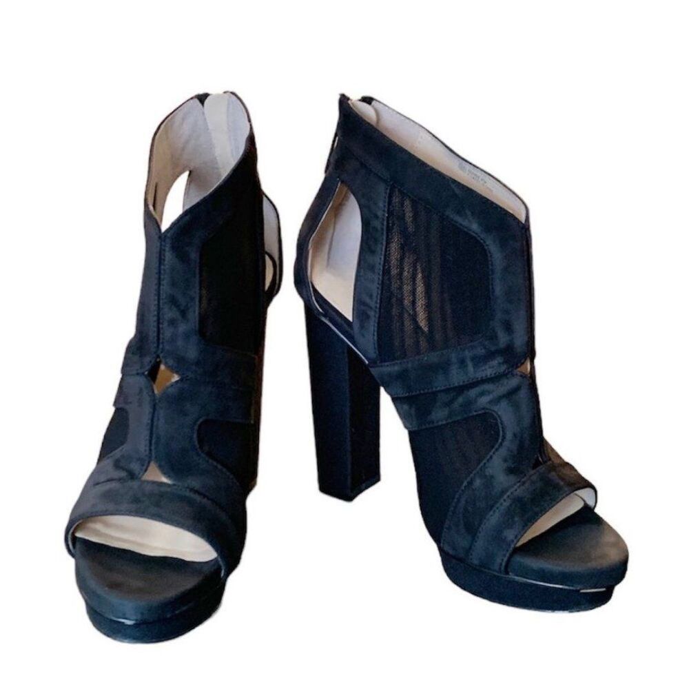 Calvin Klein Black Suede Mesh Cutout Ankle Bootie Platform High Heels Size 6.5